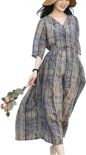 chouyatou Women 2024 Warp Summer Belted Linen Dress Midi Long Flowy Slouchy Stripe Floral Dress
