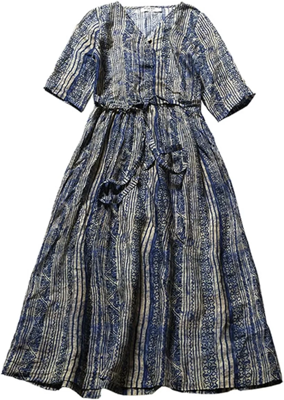 chouyatou Women 2024 Warp Summer Belted Linen Dress Midi Long Flowy Slouchy Stripe Floral Dress
