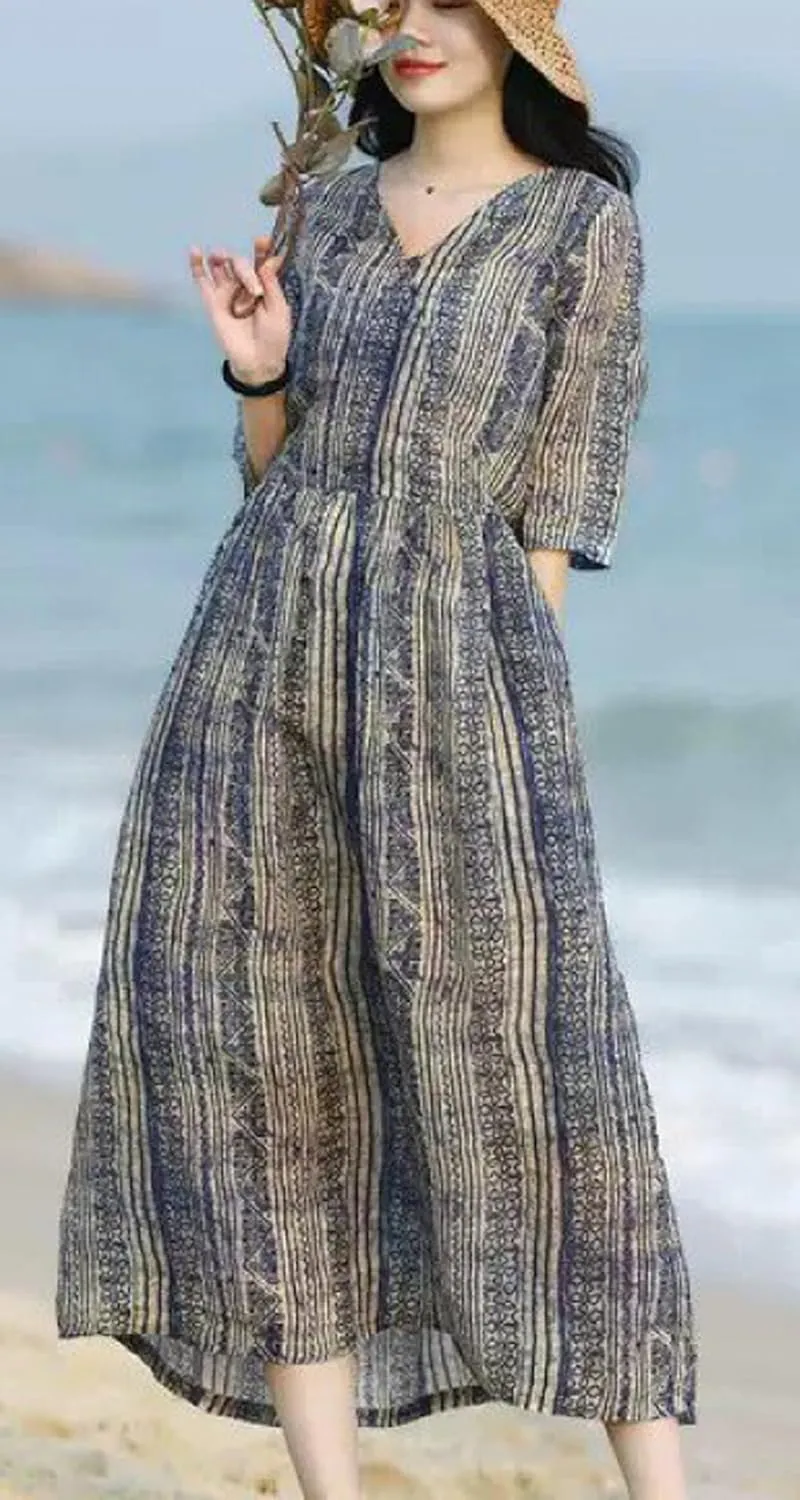 chouyatou Women 2024 Warp Summer Belted Linen Dress Midi Long Flowy Slouchy Stripe Floral Dress