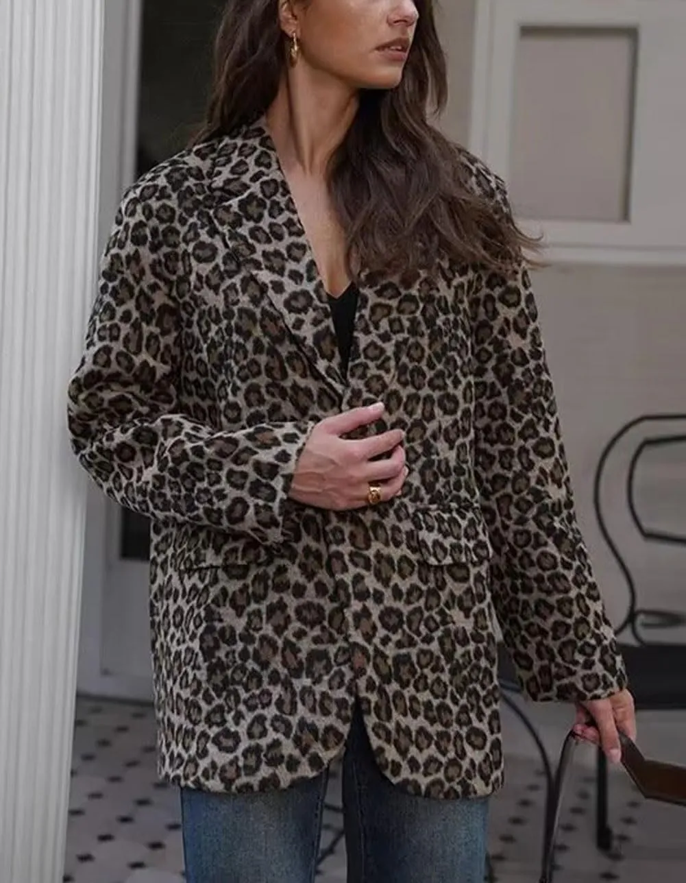 chouyatou Women's Fashion Leopard Print Blazer Jacket Wool Blend Business Casual Blazer Work Suit Coat