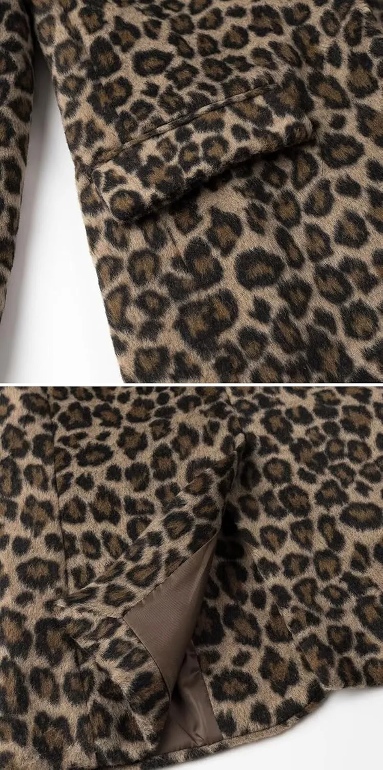 chouyatou Women's Fashion Leopard Print Blazer Jacket Wool Blend Business Casual Blazer Work Suit Coat