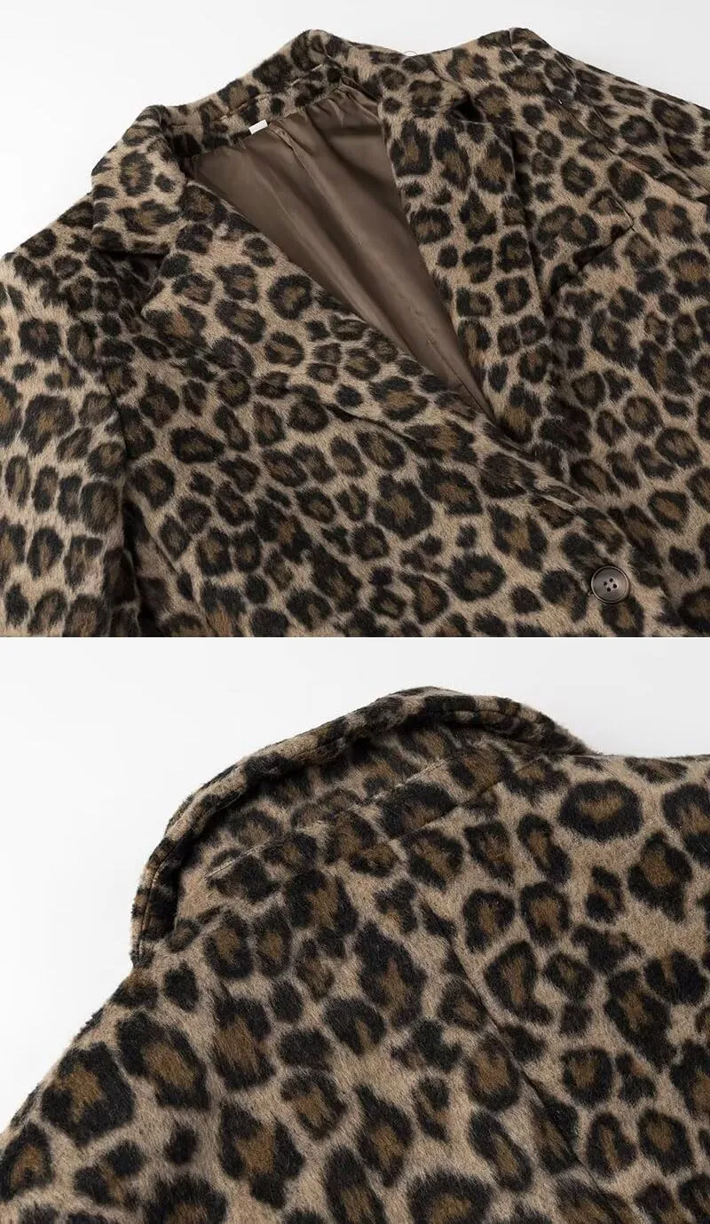 chouyatou Women's Fashion Leopard Print Blazer Jacket Wool Blend Business Casual Blazer Work Suit Coat