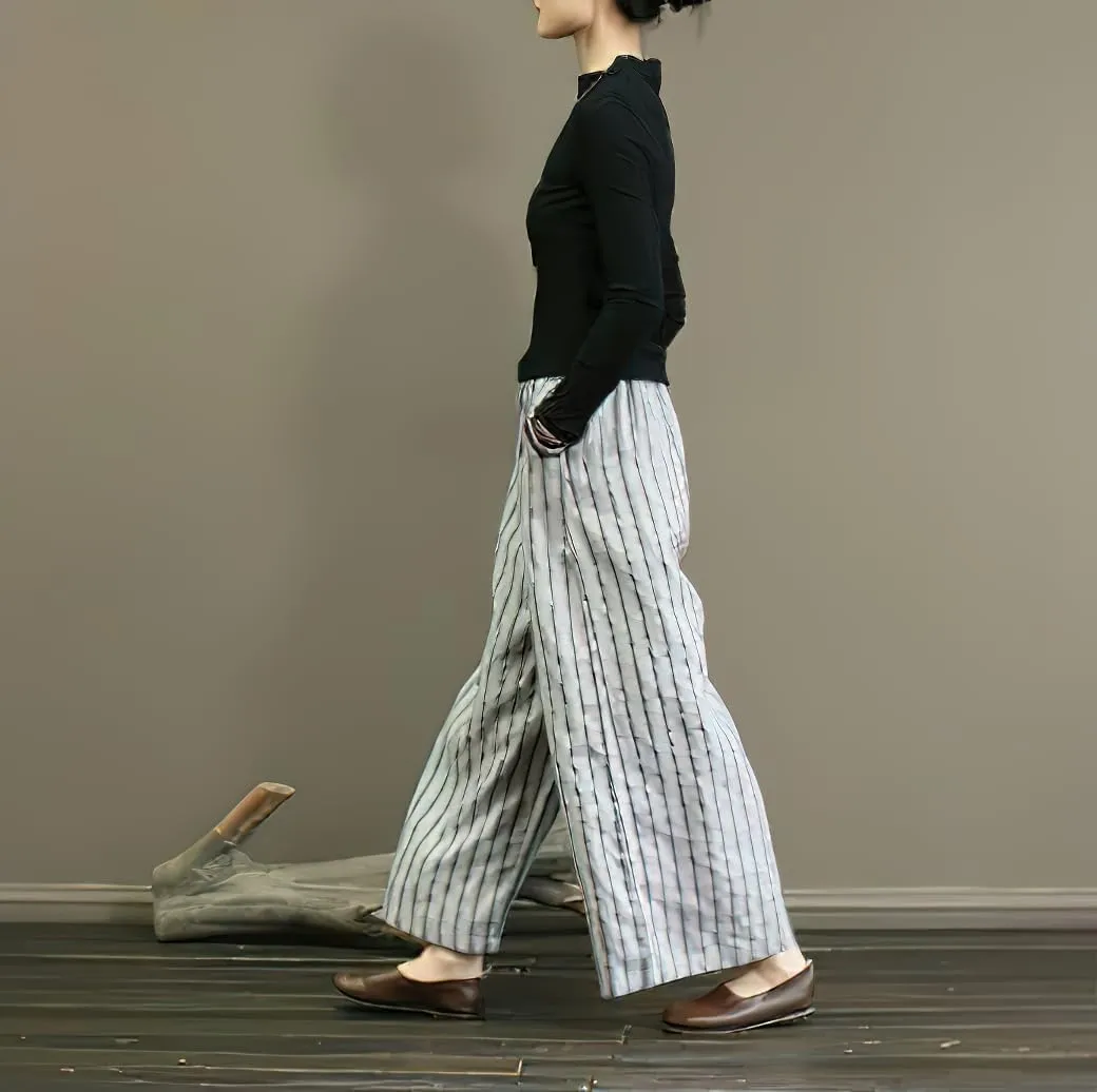 chouyatou Women's Summer Casual Striped Linen Pants Culottes Cotton Wide Leg Cropped Palazzo Pants