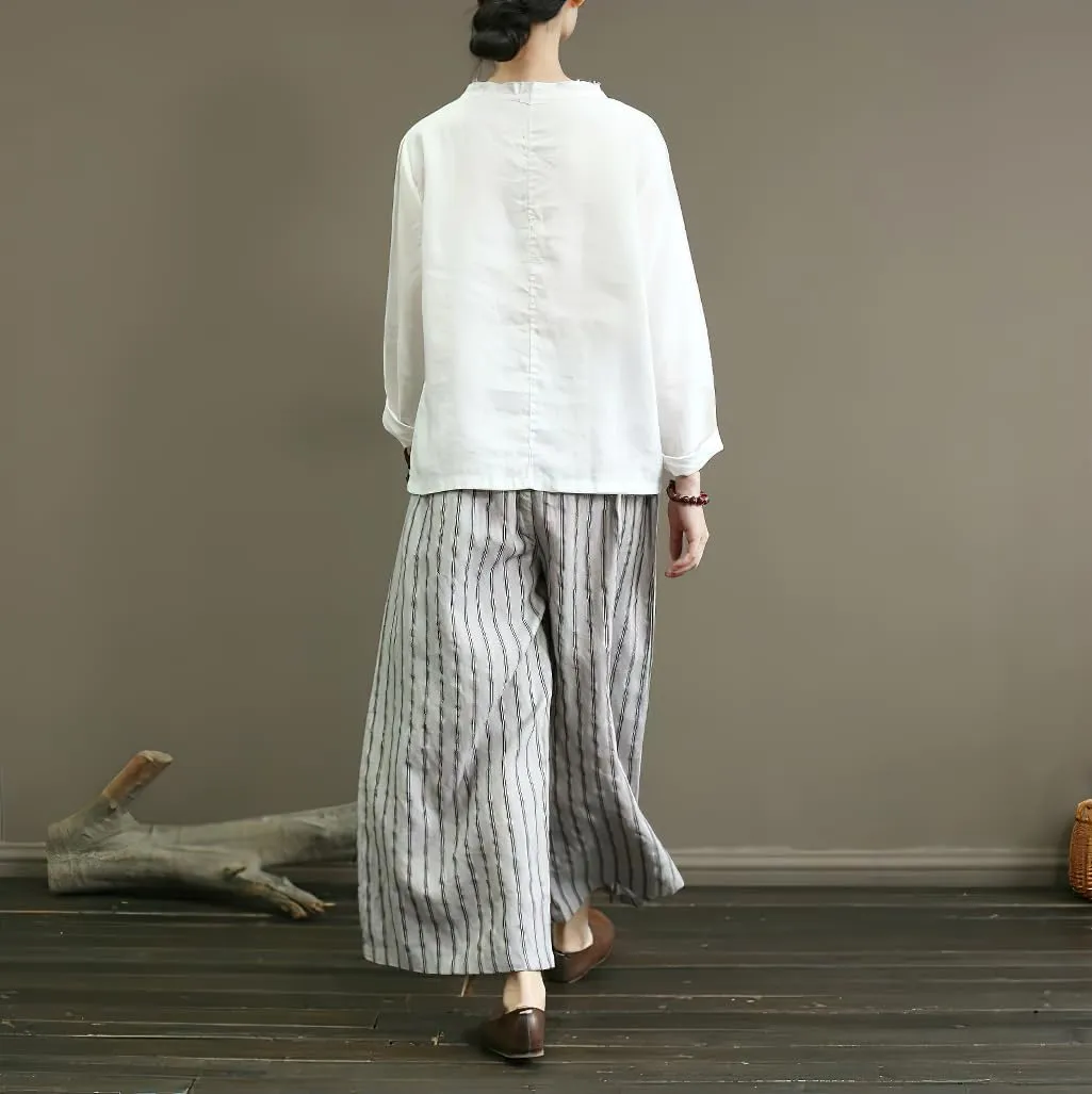 chouyatou Women's Summer Casual Striped Linen Pants Culottes Cotton Wide Leg Cropped Palazzo Pants