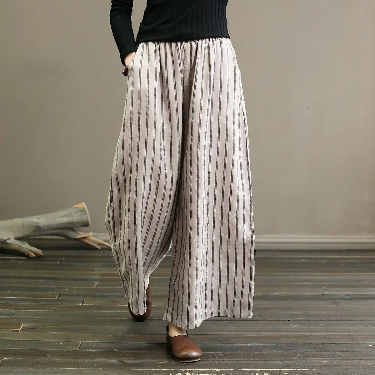 chouyatou Women's Summer Casual Striped Linen Pants Culottes Cotton Wide Leg Cropped Palazzo Pants