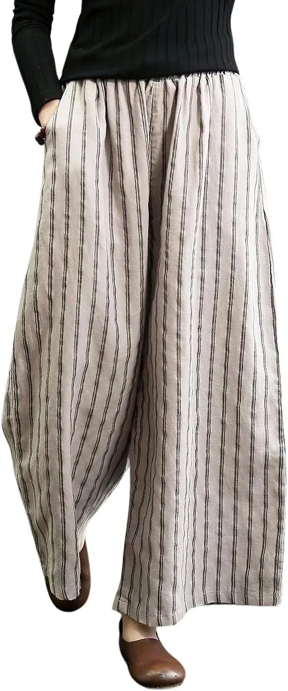 chouyatou Women's Summer Casual Striped Linen Pants Culottes Cotton Wide Leg Cropped Palazzo Pants