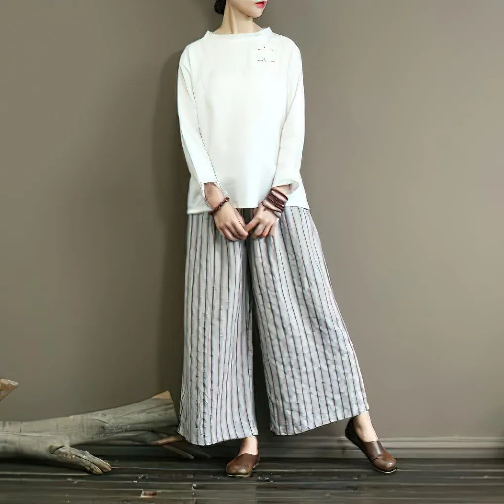 chouyatou Women's Summer Casual Striped Linen Pants Culottes Cotton Wide Leg Cropped Palazzo Pants