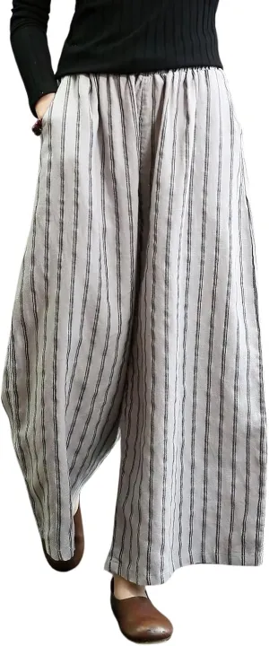 chouyatou Women's Summer Casual Striped Linen Pants Culottes Cotton Wide Leg Cropped Palazzo Pants