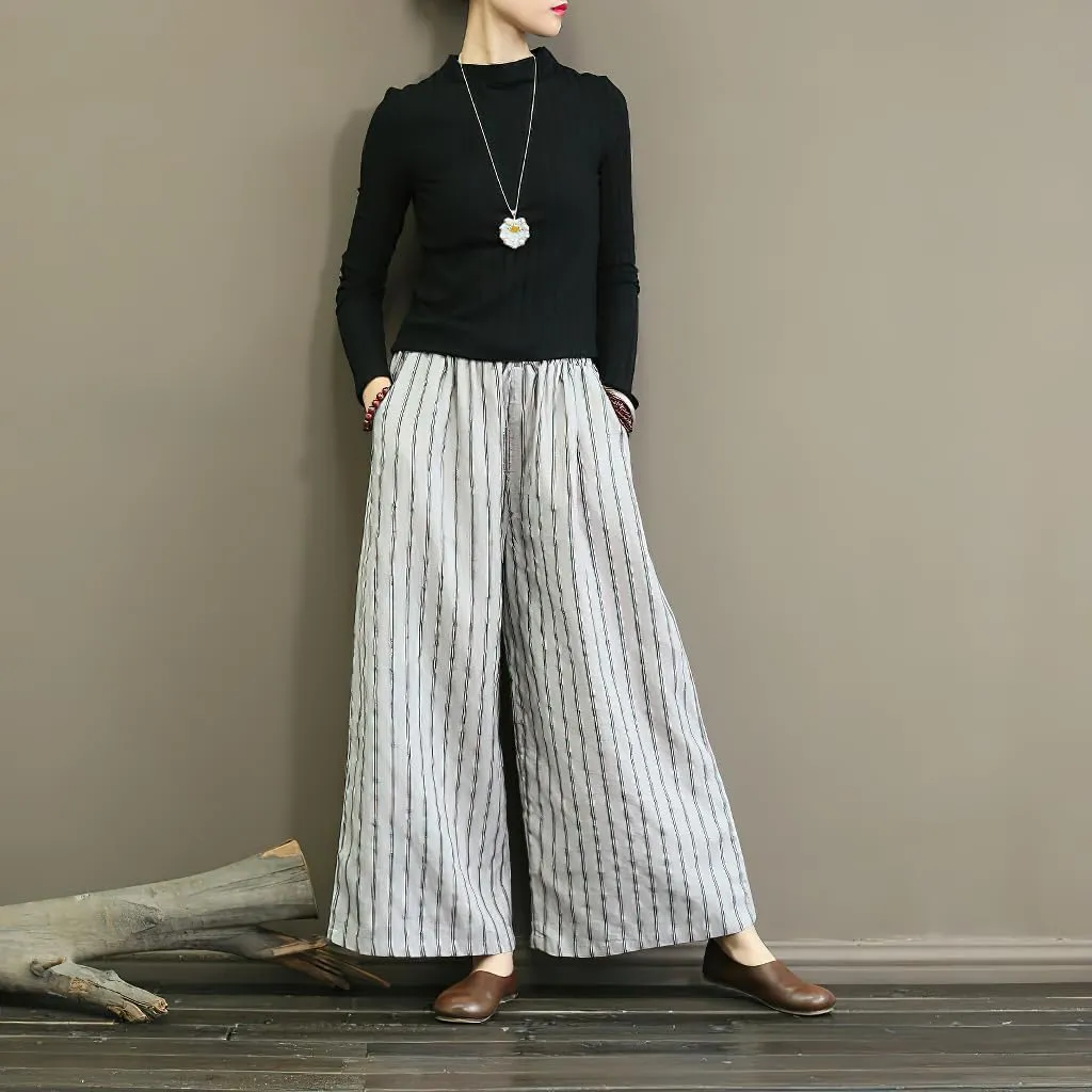 chouyatou Women's Summer Casual Striped Linen Pants Culottes Cotton Wide Leg Cropped Palazzo Pants