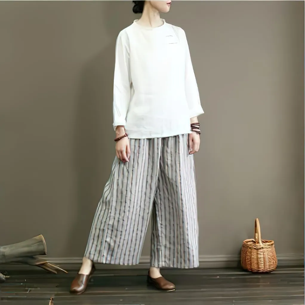 chouyatou Women's Summer Casual Striped Linen Pants Culottes Cotton Wide Leg Cropped Palazzo Pants