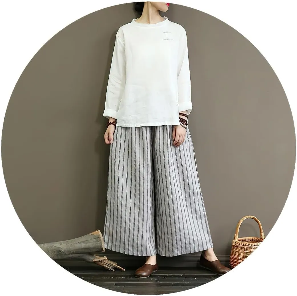 chouyatou Women's Summer Casual Striped Linen Pants Culottes Cotton Wide Leg Cropped Palazzo Pants