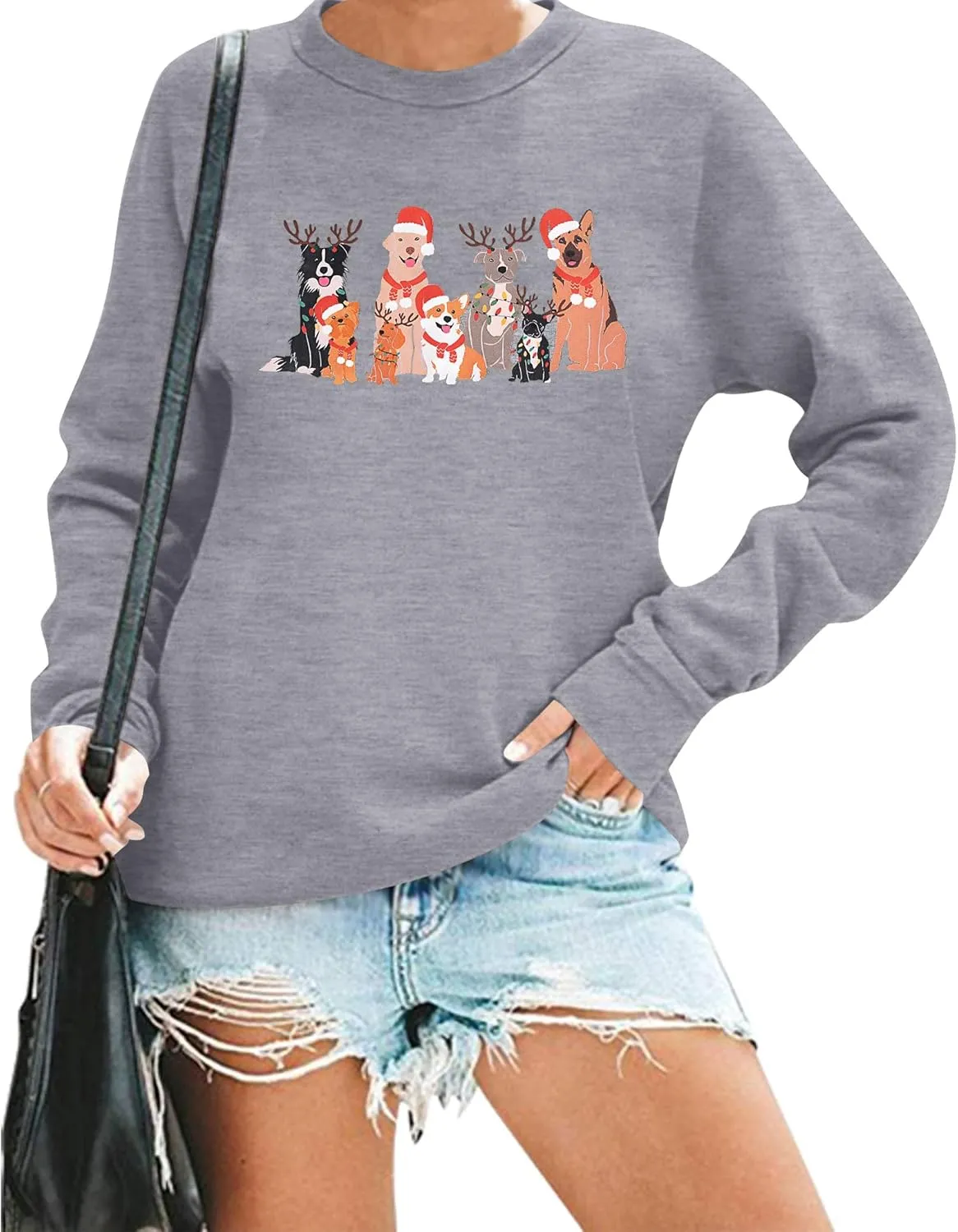 Christmas Dog Sweatshirt Women Cute Dog Graphic Long Sleeve Shirt Doggy Lovers Crewneck Pullover Tops
