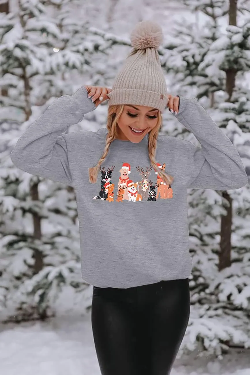 Christmas Dog Sweatshirt Women Cute Dog Graphic Long Sleeve Shirt Doggy Lovers Crewneck Pullover Tops