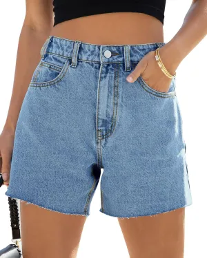 Cicy Bell Womens High Waisted Jean Shorts Summer Baggy Stretchy Straight Leg Raw Hem Mom Denim Shorts