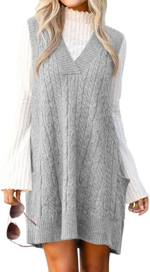 Cicy Bell Womens Oversized Sweater Vest Dress V Neck Sleeveless Trendy Casual Knit Cable Mini Dresses