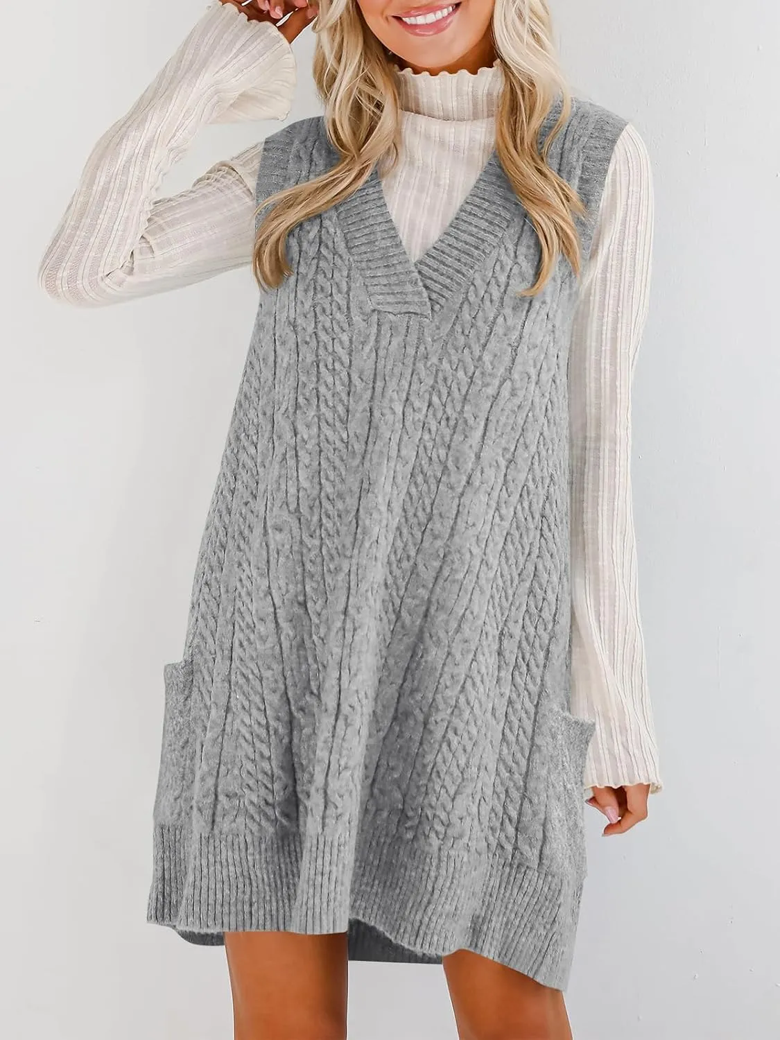 Cicy Bell Womens Oversized Sweater Vest Dress V Neck Sleeveless Trendy Casual Knit Cable Mini Dresses