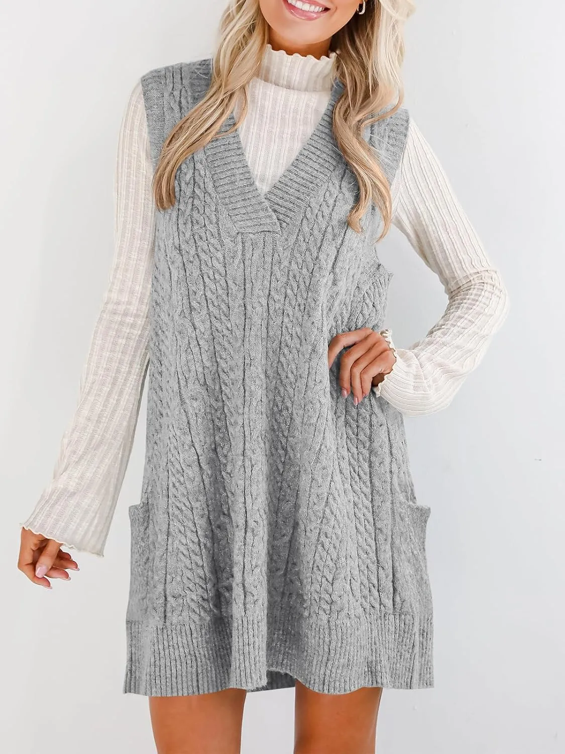 Cicy Bell Womens Oversized Sweater Vest Dress V Neck Sleeveless Trendy Casual Knit Cable Mini Dresses