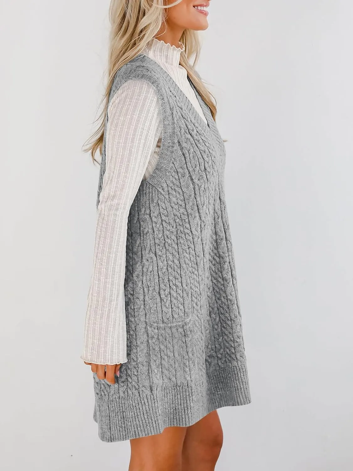 Cicy Bell Womens Oversized Sweater Vest Dress V Neck Sleeveless Trendy Casual Knit Cable Mini Dresses