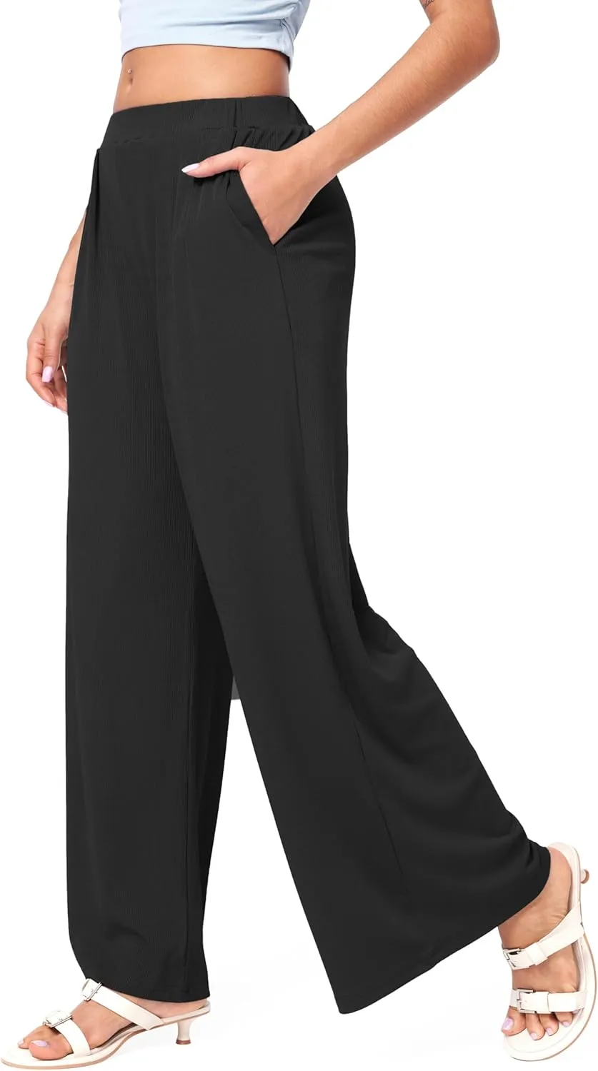 CIDER Wide Leg Palazzo Pants for Women with Pockets Elastic Business Causal Pants Women Summer for Beach Travel Trousers