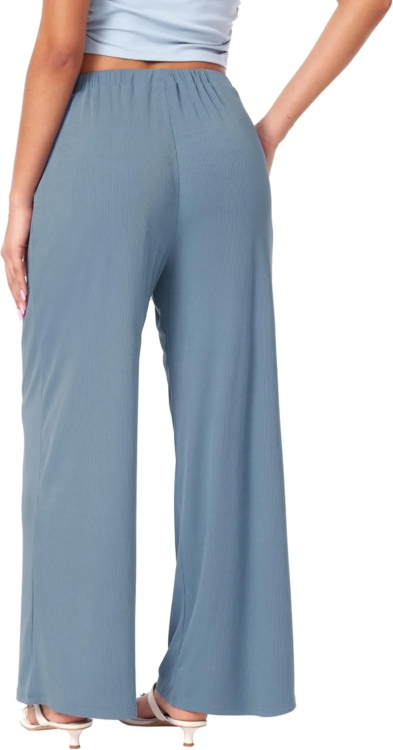 CIDER Wide Leg Palazzo Pants for Women with Pockets Elastic Business Causal Pants Women Summer for Beach Travel Trousers