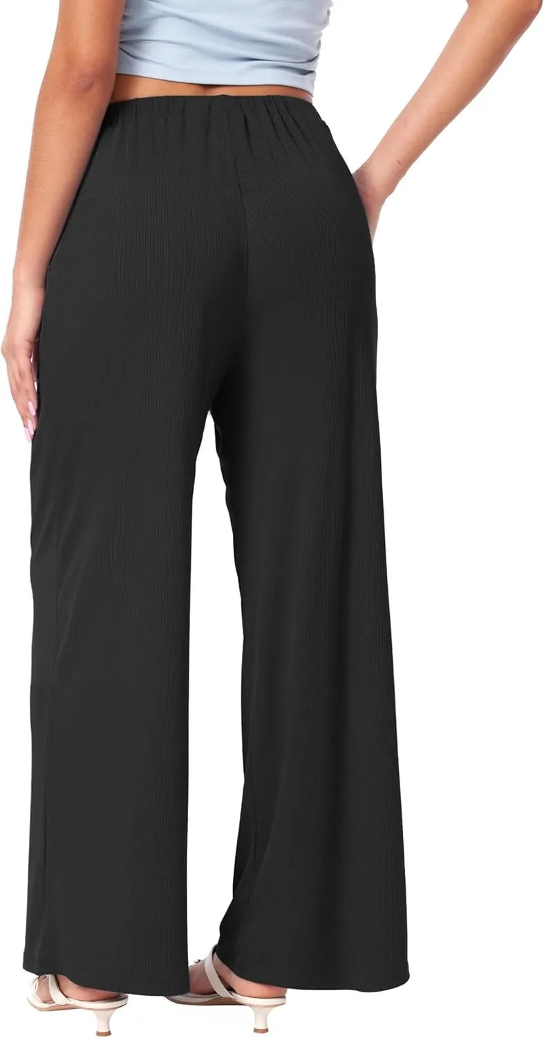 CIDER Wide Leg Palazzo Pants for Women with Pockets Elastic Business Causal Pants Women Summer for Beach Travel Trousers