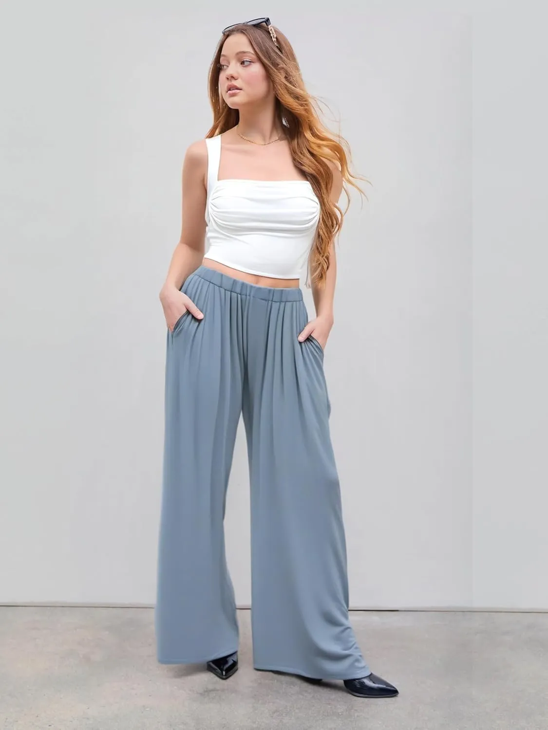 CIDER Wide Leg Palazzo Pants for Women with Pockets Elastic Business Causal Pants Women Summer for Beach Travel Trousers