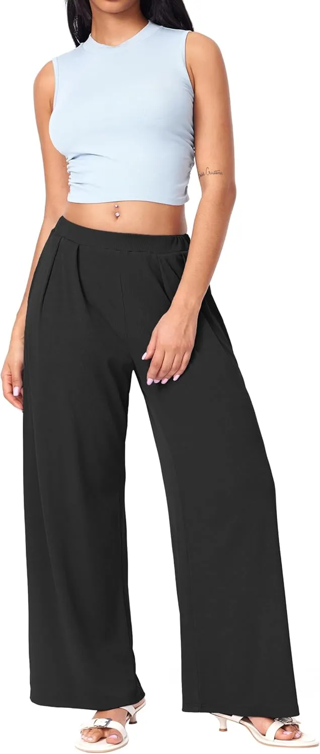 CIDER Wide Leg Palazzo Pants for Women with Pockets Elastic Business Causal Pants Women Summer for Beach Travel Trousers