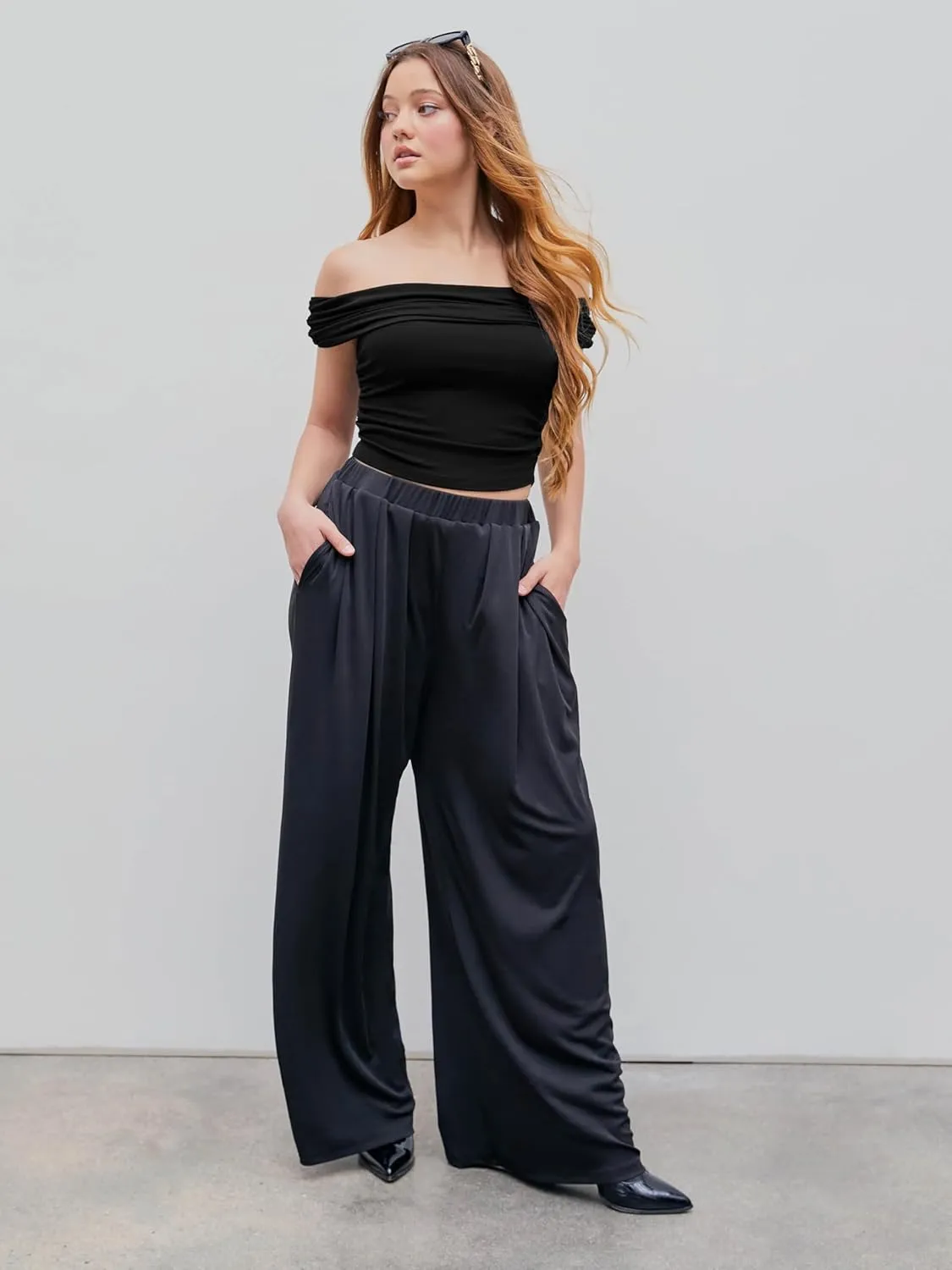 CIDER Wide Leg Palazzo Pants for Women with Pockets Elastic Business Causal Pants Women Summer for Beach Travel Trousers