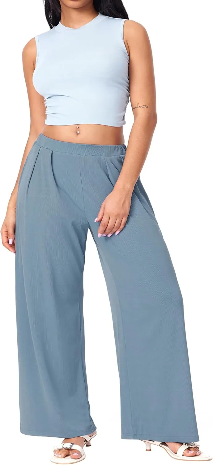 CIDER Wide Leg Palazzo Pants for Women with Pockets Elastic Business Causal Pants Women Summer for Beach Travel Trousers