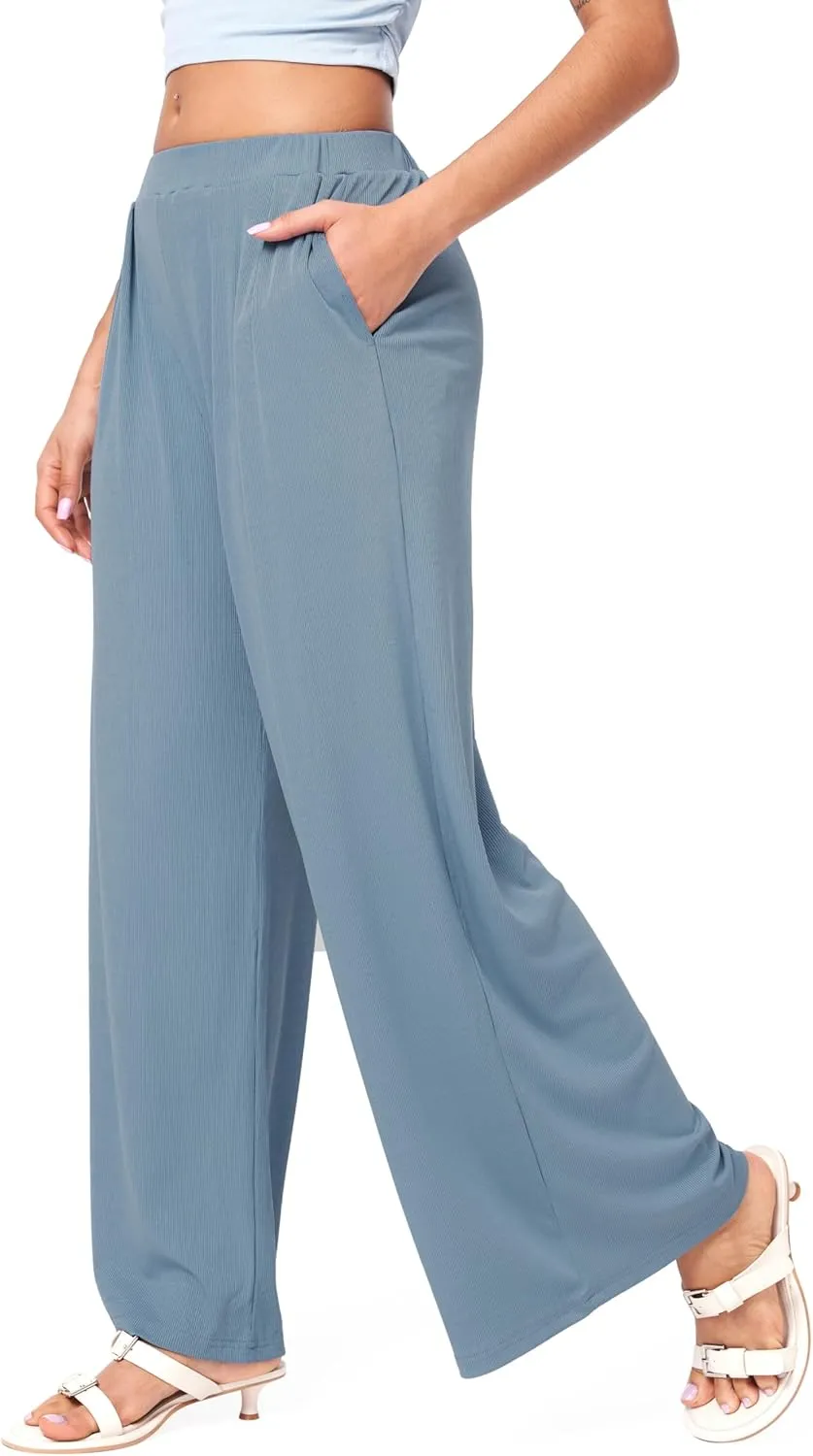 CIDER Wide Leg Palazzo Pants for Women with Pockets Elastic Business Causal Pants Women Summer for Beach Travel Trousers