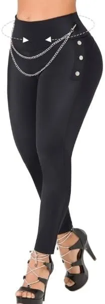 Colombian Buttlifting Leggings, High Waisted, Black,Chain Detail,Decorative Buttons Size M only
