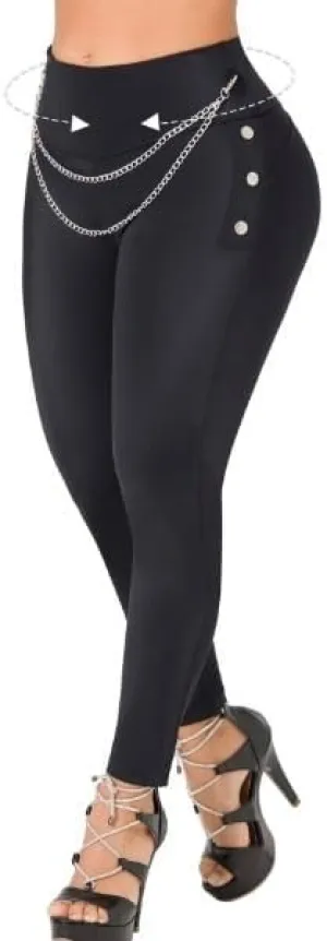 Colombian Buttlifting Leggings, High Waisted, Black,Chain Detail,Decorative Buttons Size M only