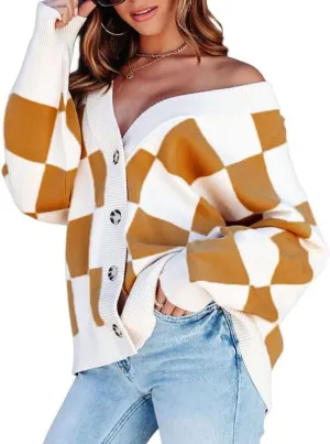 CORIRESHA Women's Color Block Check Crew Neck Long Sleeve Chunky Casual Knit Pullover Sweater
