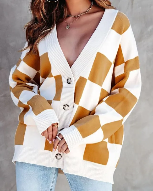 CORIRESHA Women's Color Block Check Crew Neck Long Sleeve Chunky Casual Knit Pullover Sweater