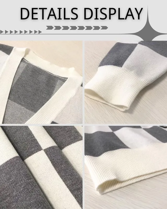 CORIRESHA Women's Color Block Check Crew Neck Long Sleeve Chunky Casual Knit Pullover Sweater