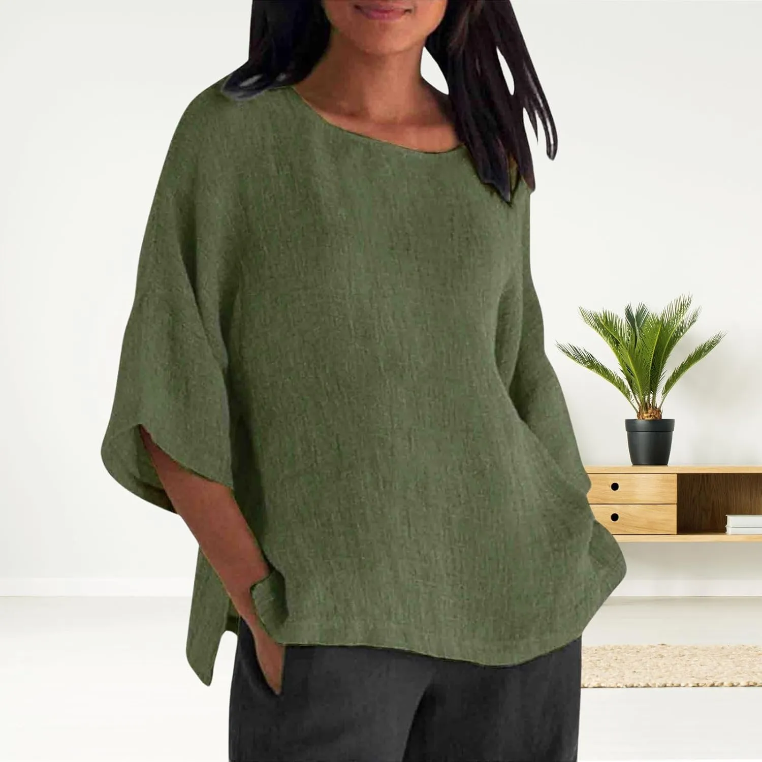 Cotton Linen Shirts for Women Summer Casual Crewneck Pullover Tops Comfy Loose Women's Short Sleeve T Shirt