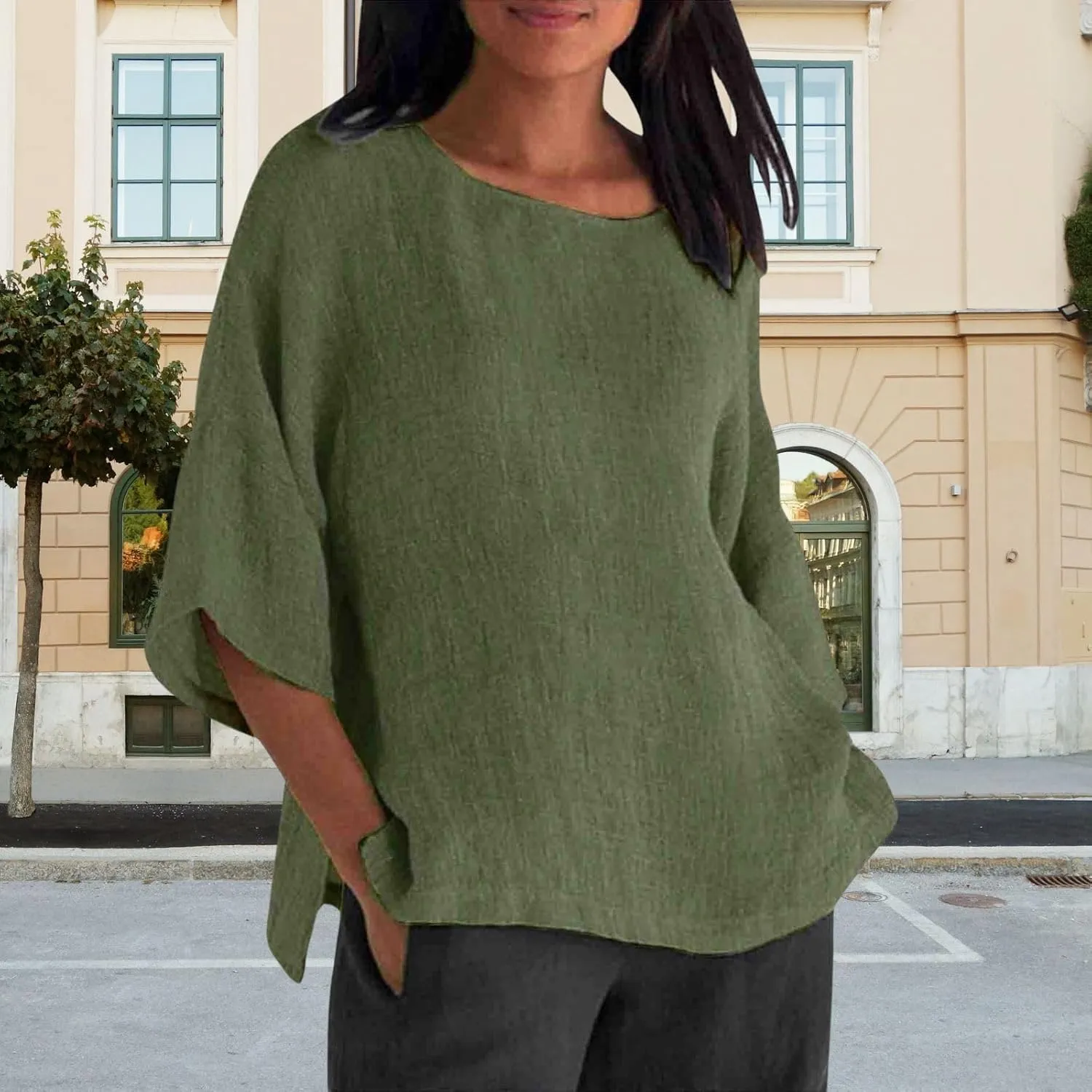 Cotton Linen Shirts for Women Summer Casual Crewneck Pullover Tops Comfy Loose Women's Short Sleeve T Shirt