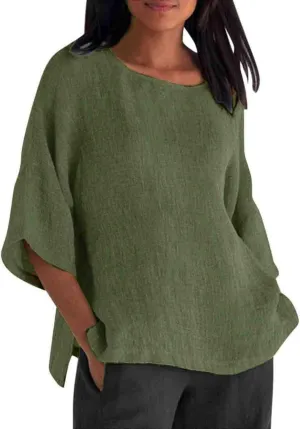 Cotton Linen Shirts for Women Summer Casual Crewneck Pullover Tops Comfy Loose Women's Short Sleeve T Shirt