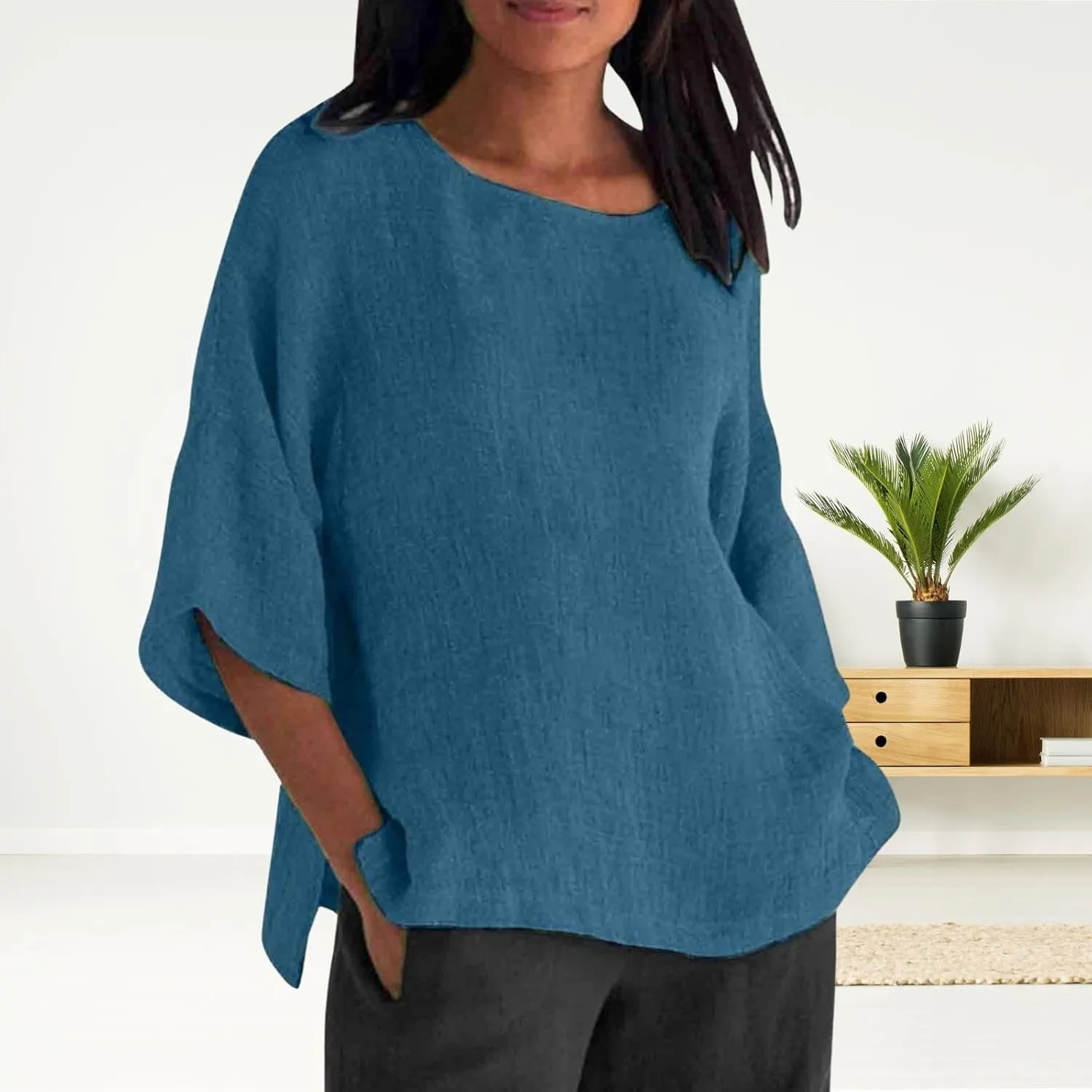 Cotton Linen Shirts for Women Summer Casual Crewneck Pullover Tops Comfy Loose Women's Short Sleeve T Shirt