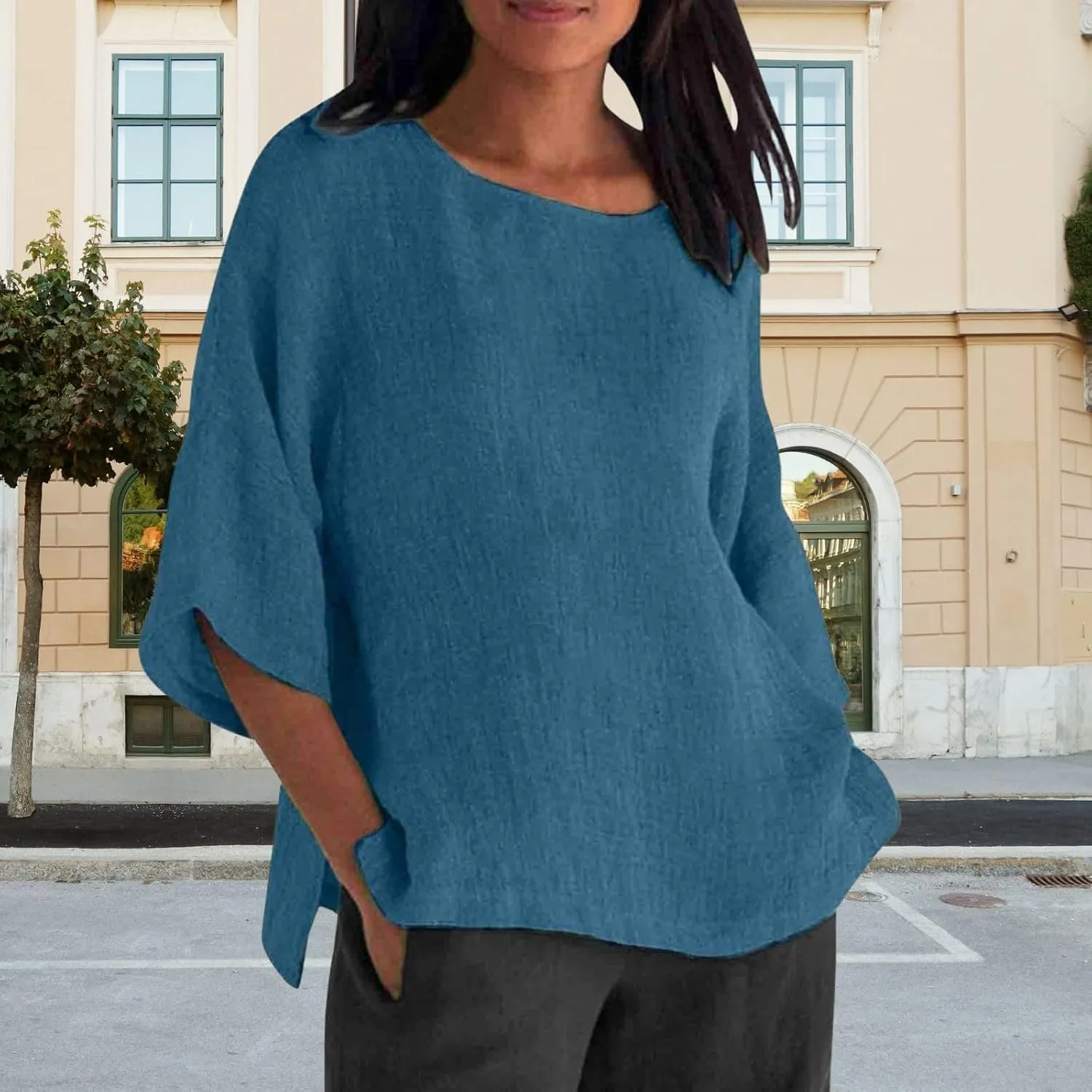 Cotton Linen Shirts for Women Summer Casual Crewneck Pullover Tops Comfy Loose Women's Short Sleeve T Shirt