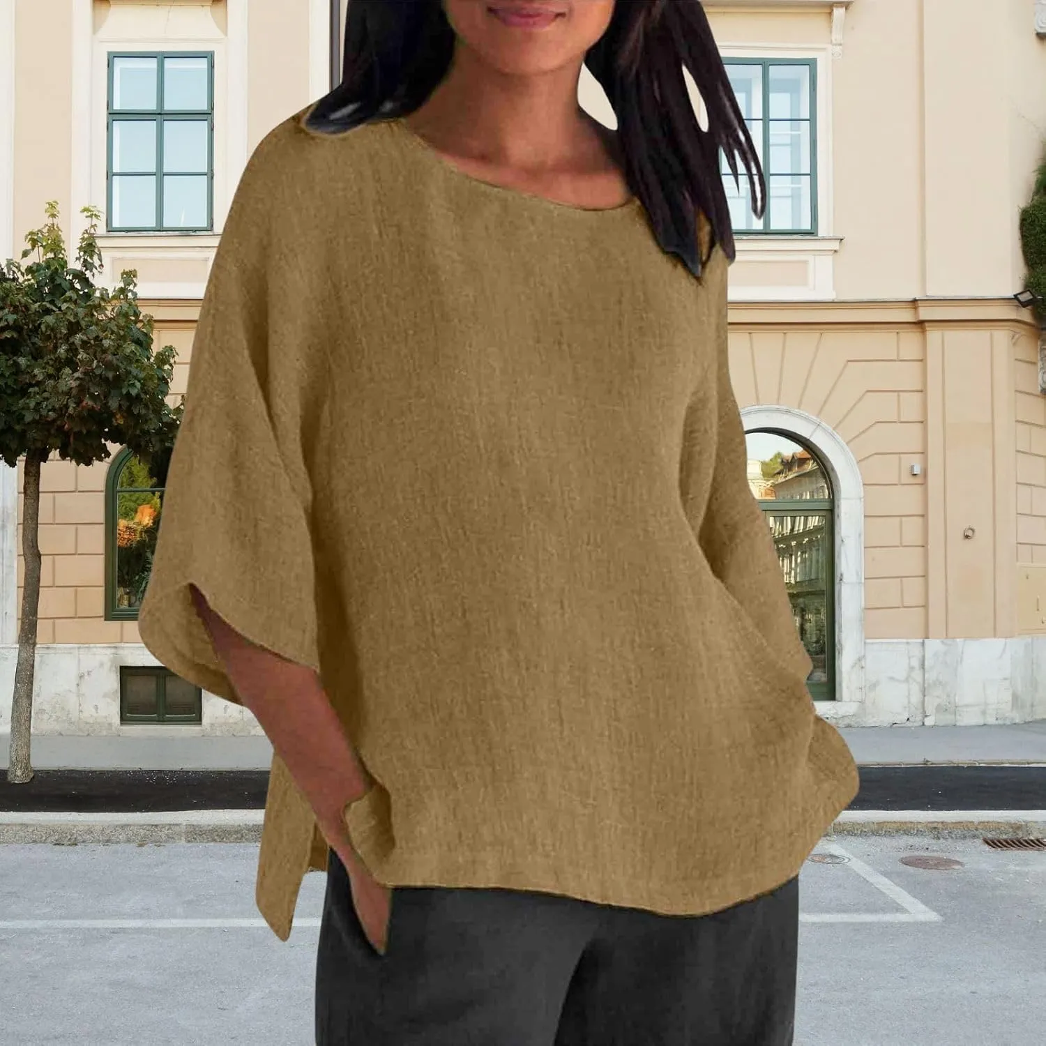 Cotton Linen Shirts for Women Summer Casual Crewneck Pullover Tops Comfy Loose Women's Short Sleeve T Shirt