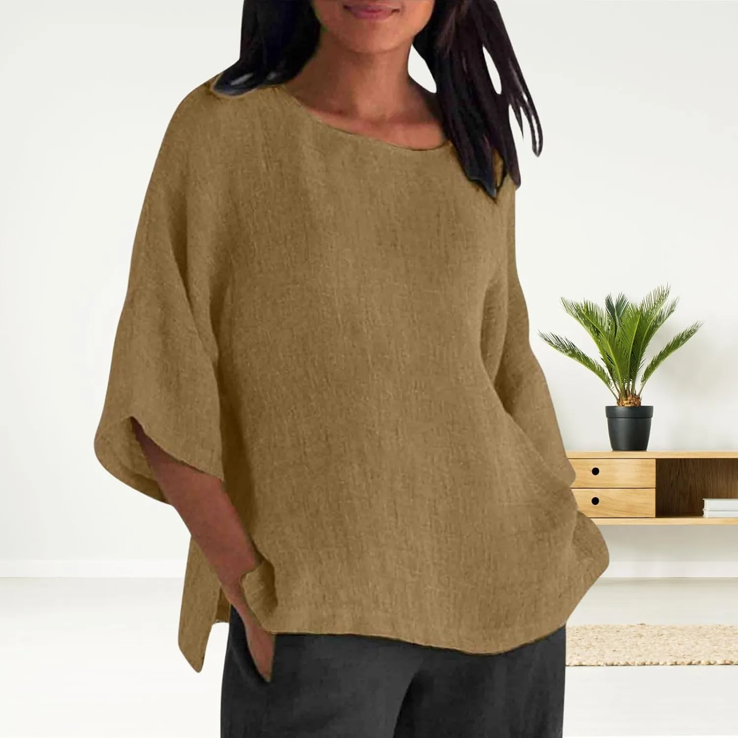 Cotton Linen Shirts for Women Summer Casual Crewneck Pullover Tops Comfy Loose Women's Short Sleeve T Shirt