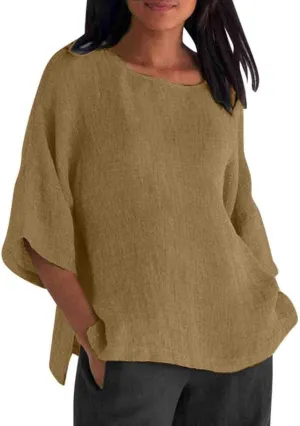 Cotton Linen Shirts for Women Summer Casual Crewneck Pullover Tops Comfy Loose Women's Short Sleeve T Shirt