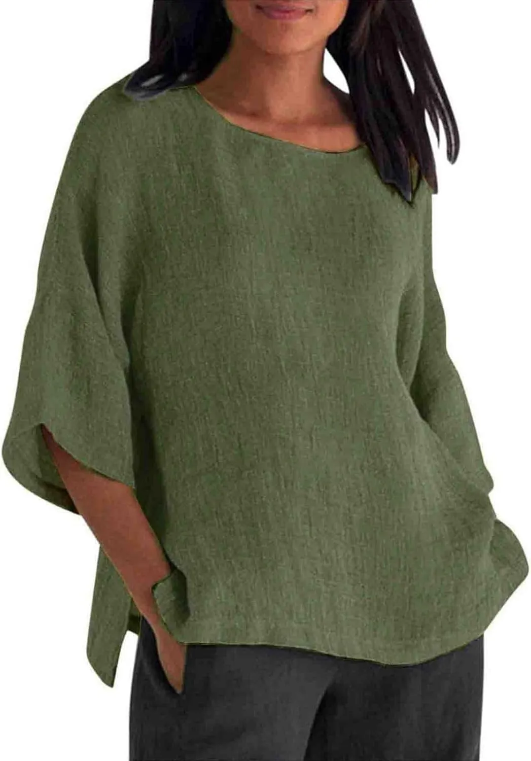 Cotton Linen Shirts for Women Summer Casual Crewneck Pullover Tops Comfy Loose Women's Short Sleeve T Shirt