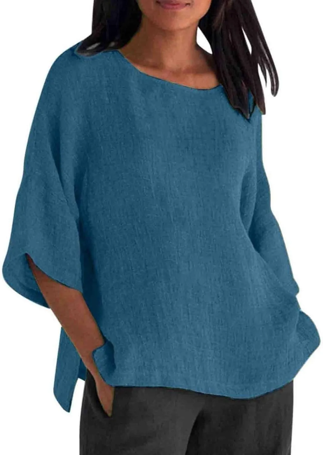 Cotton Linen Shirts for Women Summer Casual Crewneck Pullover Tops Comfy Loose Women's Short Sleeve T Shirt