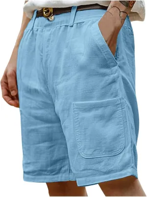 Cotton Linen Shorts Men Classic-Fit Solid Color Mid-Rise Jorts Baggy Casual Lounge Mens Short Pants with Pockets