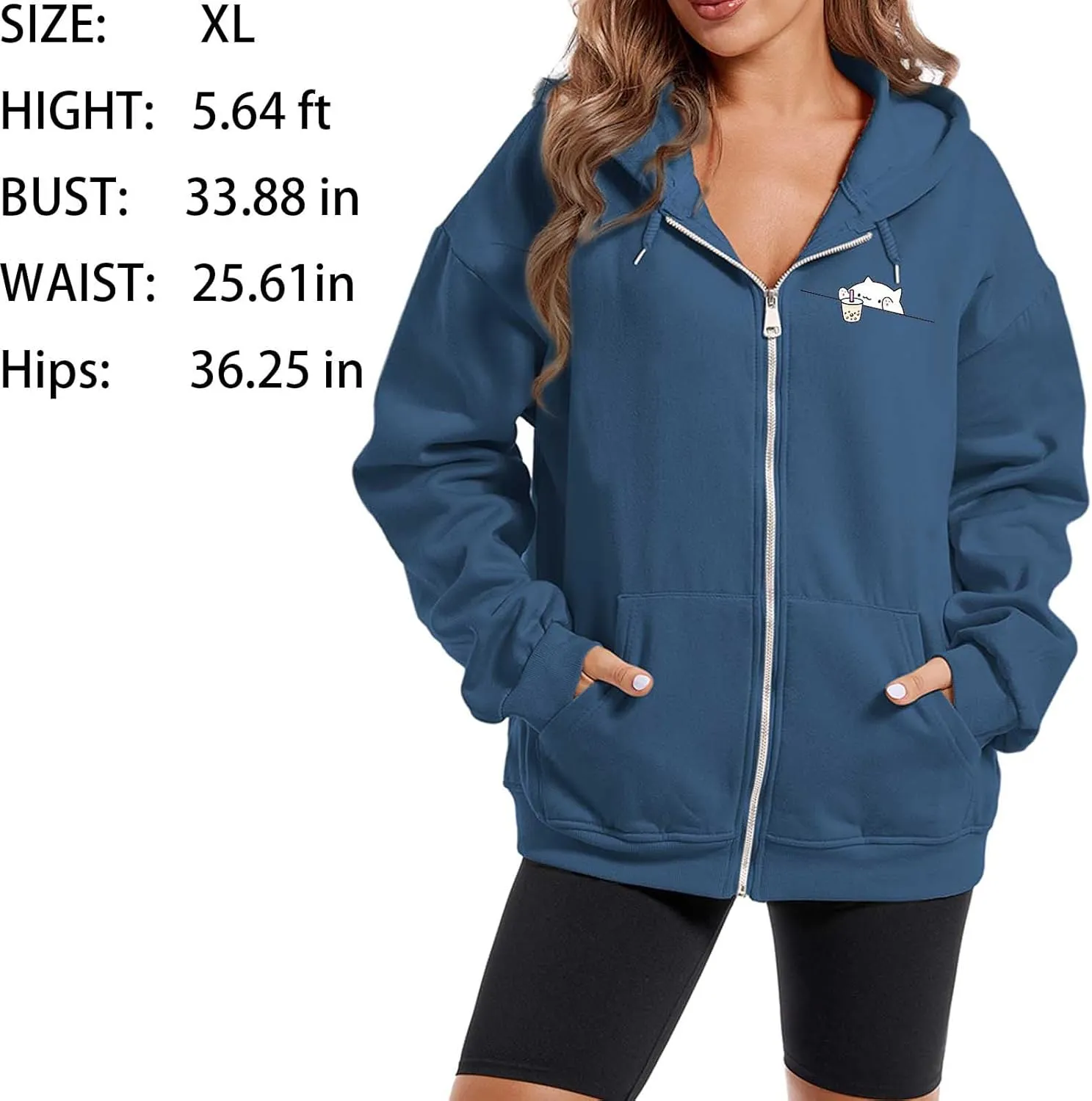 Cute Oversized Zip Up Hoodie for Teen Girls Kawaii Cartoon Cat Sweatshirt for Women Pockets Cotton Top Jackets Coat