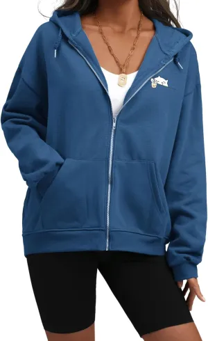 Cute Oversized Zip Up Hoodie for Teen Girls Kawaii Cartoon Cat Sweatshirt for Women Pockets Cotton Top Jackets Coat