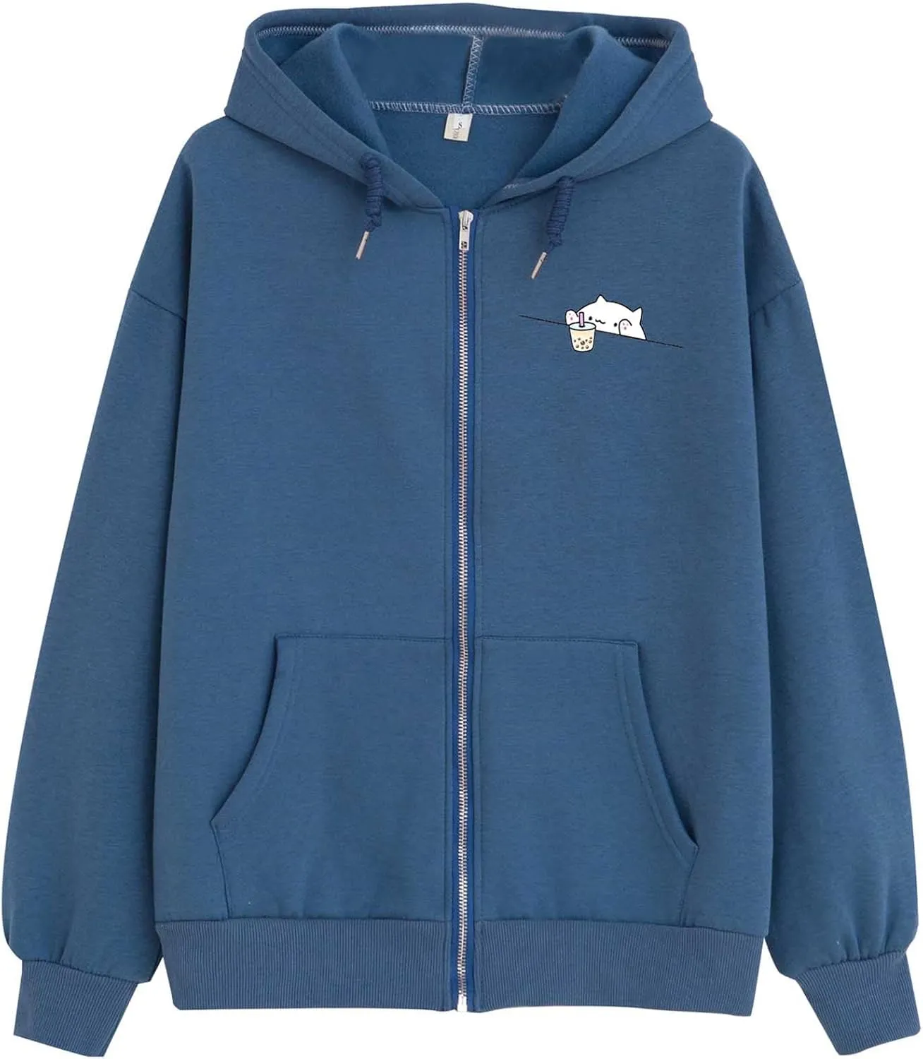 Cute Oversized Zip Up Hoodie for Teen Girls Kawaii Cartoon Cat Sweatshirt for Women Pockets Cotton Top Jackets Coat