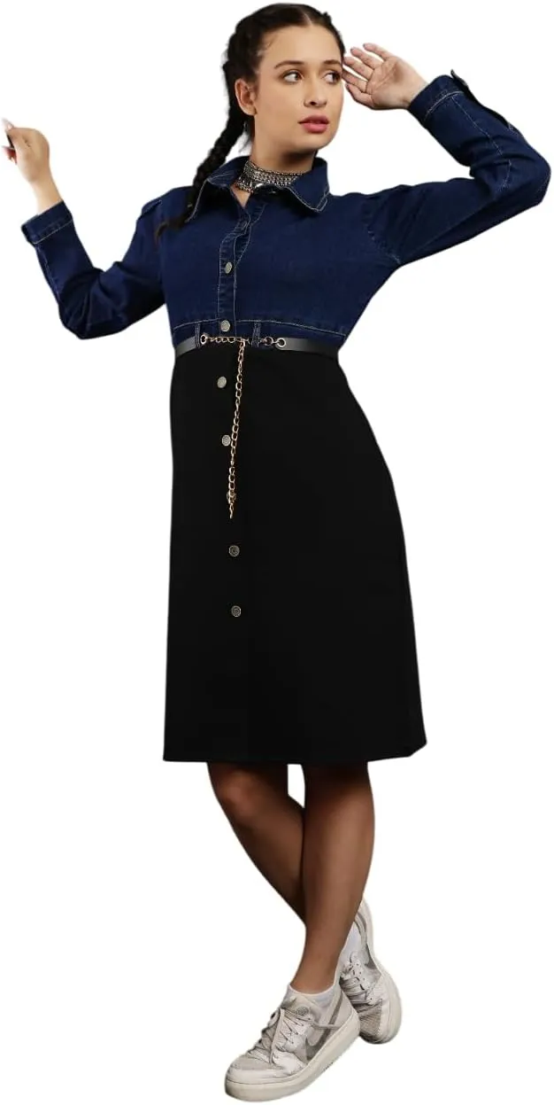Denim Crafters Women's Denim Button-Down Dress, Light Blue Top with Black Skirt, Chain Belt Detail, Knee Length